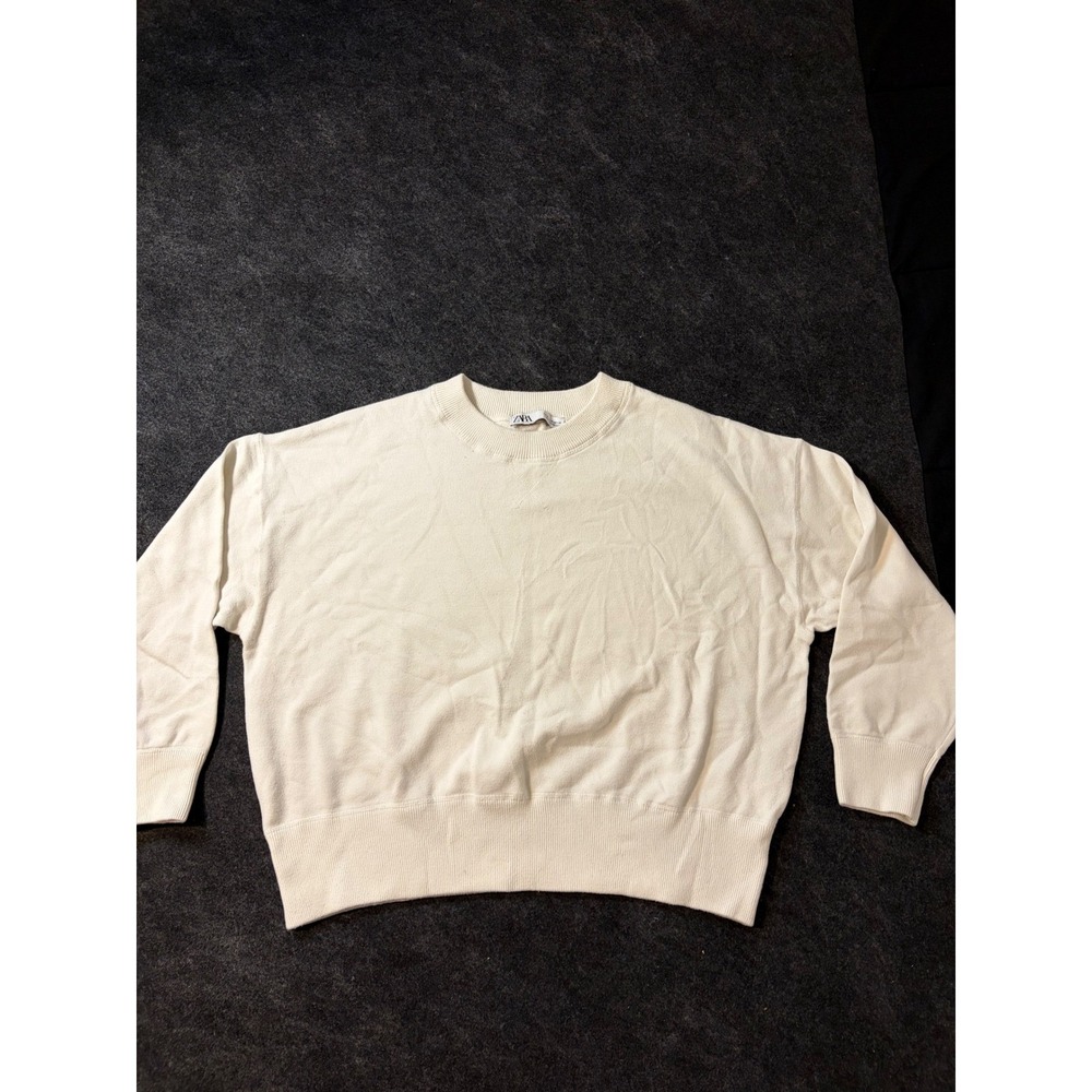 Zara Womens Cream Off White Knit Crew Neck Cropped Sweater Size Medium
